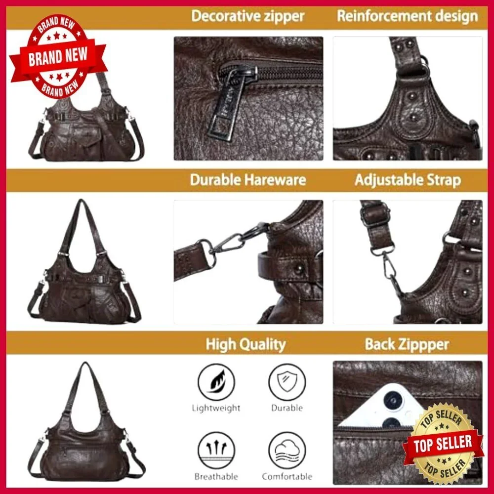Soft Hobo Shoulder Bag with Adjustable Strap, Multiple Pockets